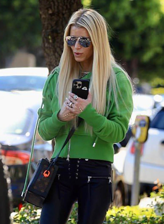 Harpoon Jessica Simpson Inspired Green Fleece Fabric Leather Jacket