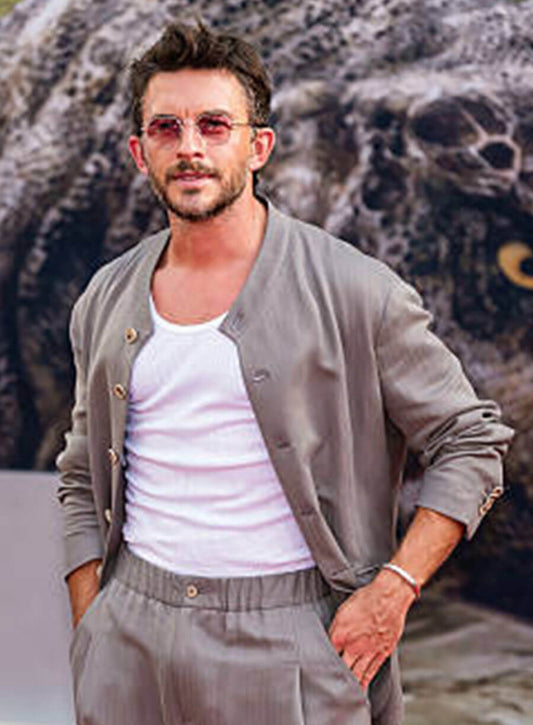Harpoon Jonathan Bailey Inspired Grey Leather Jacket - Jurassic World Rebirth Premiere Style