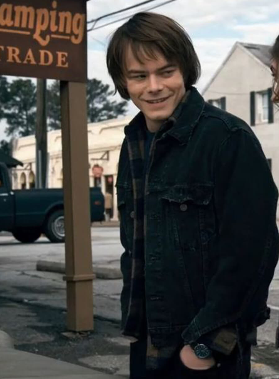 Harpoon Jonathan Byers Inspired Black Denim Fabric Denim Jacket - Stranger Things Style