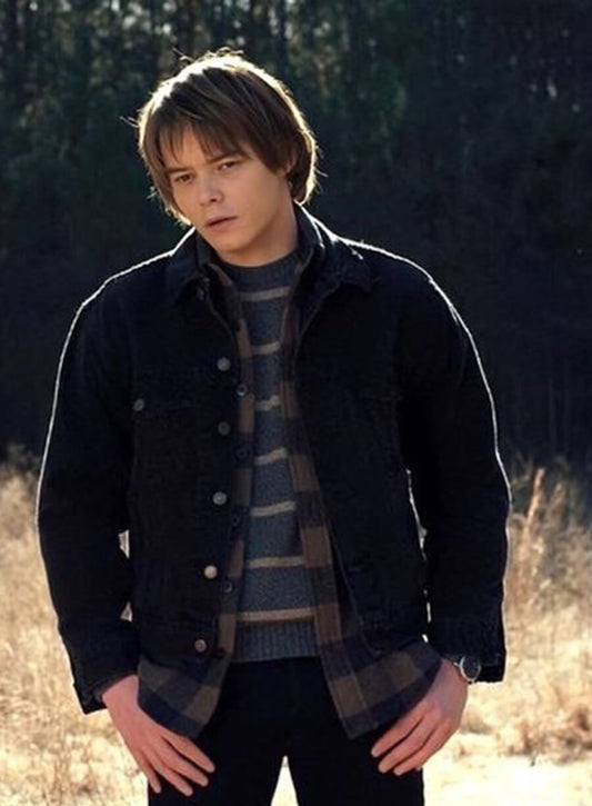 Harpoon Jonathan Byers Inspired Black Denim Fabric Denim Jacket - Stranger Things Style