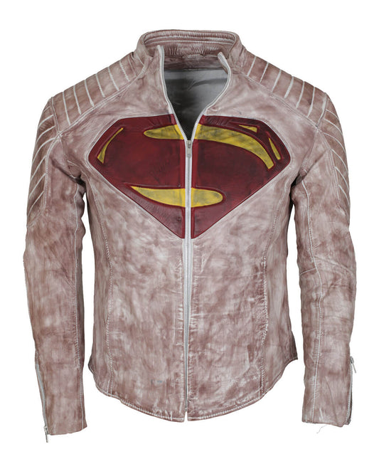 Harpoon Superman Inspired White Waxed Real Leather Leather Jacket - Jusitice League 2017 Style