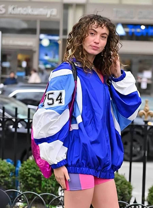 Harpoon Lisette Alee Inspired Blue Parachute Fabric Leather Jacket - And Just Like That S02 Style