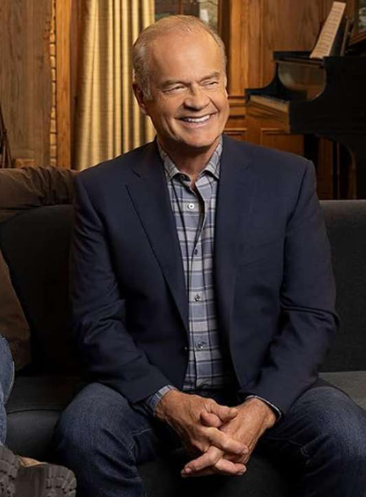 Harpoon Kelsey Grammer Dr. Frasier Crane Blazer Inspired Blue Suiting Fabric Leather Jacket