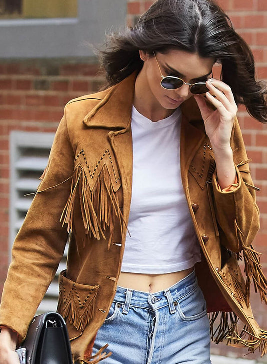 Harpoon Kendall Jenner Suede Fringe Inspired Brown Suede Leather Leather Jacket