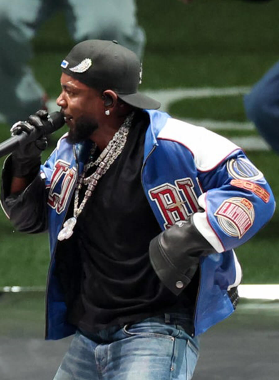 Harpoon Kendrick Lamar Inspired Blue & White Leather Jacket - Super Bowl 2025 Style