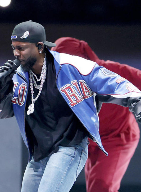 Harpoon Kendrick Lamar Inspired Blue & White Leather Jacket - Super Bowl 2025 Style