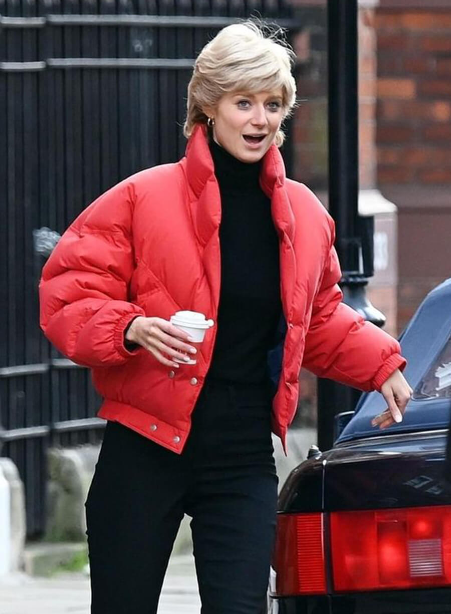 Harpoon Lady Diana Inspired Red Parachute Fabric Leather Jacket - The Crown Style