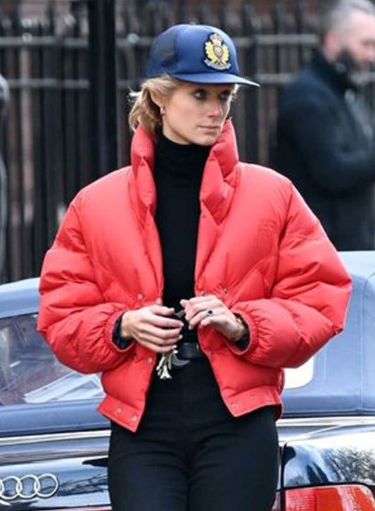 Harpoon Lady Diana Inspired Red Parachute Fabric Leather Jacket - The Crown Style