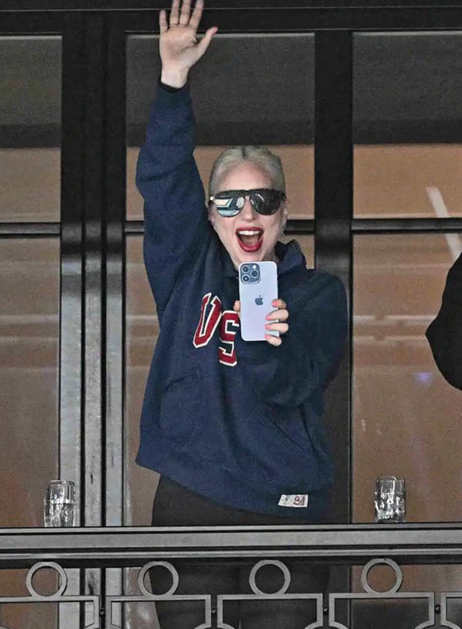 Harpoon Lady Gaga Paris Olympics Sweatshirt Inspired Blue Fleece Fabric Leather Jacket