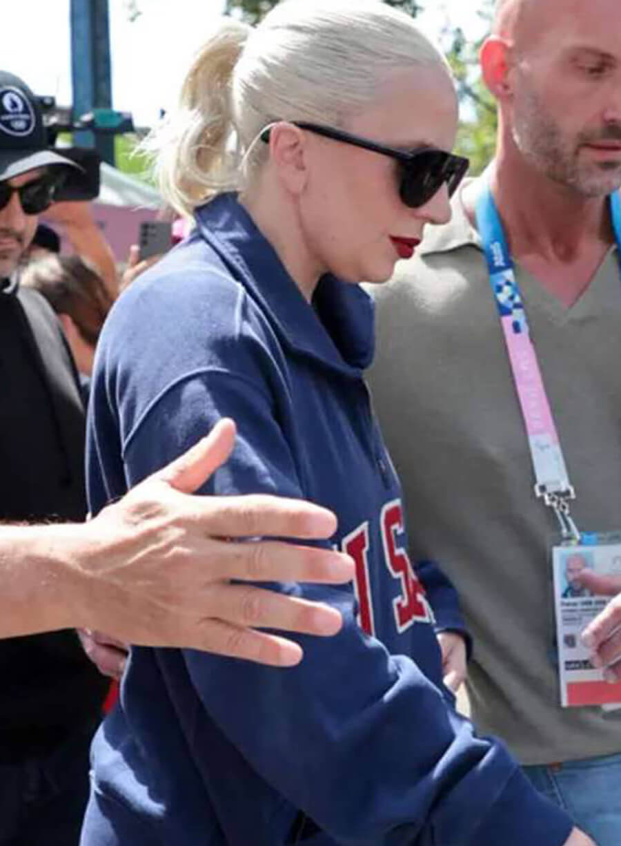 Harpoon Lady Gaga Paris Olympics Sweatshirt Inspired Blue Fleece Fabric Leather Jacket