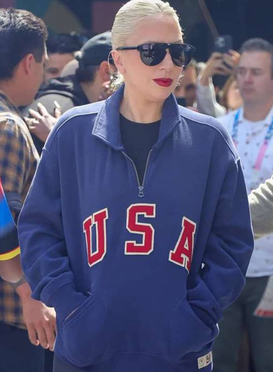 Harpoon Lady Gaga Paris Olympics Sweatshirt Inspired Blue Fleece Fabric Leather Jacket