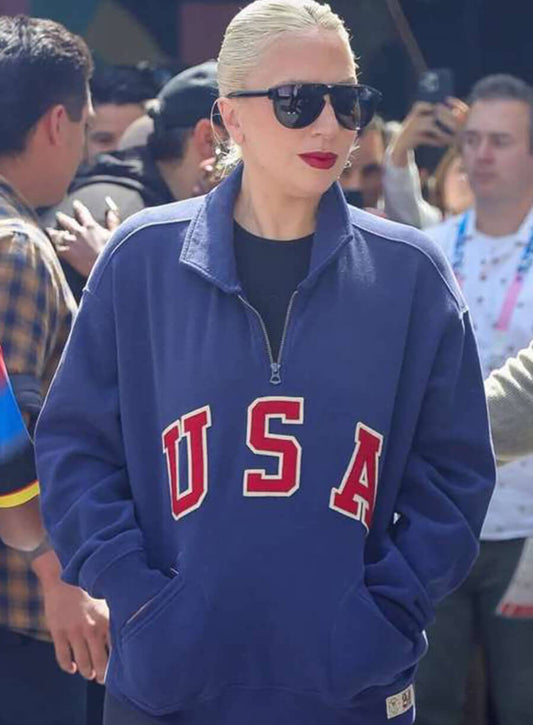 Harpoon Lady Gaga Paris Olympics Sweatshirt Inspired Blue Fleece Fabric Leather Jacket