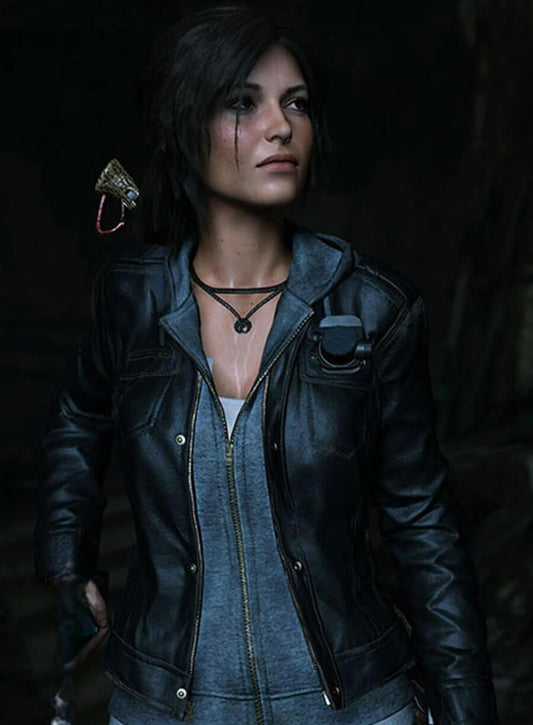Harpoon Lara Croft Inspired Black Leather Jacket - Rise of the Tomb Style