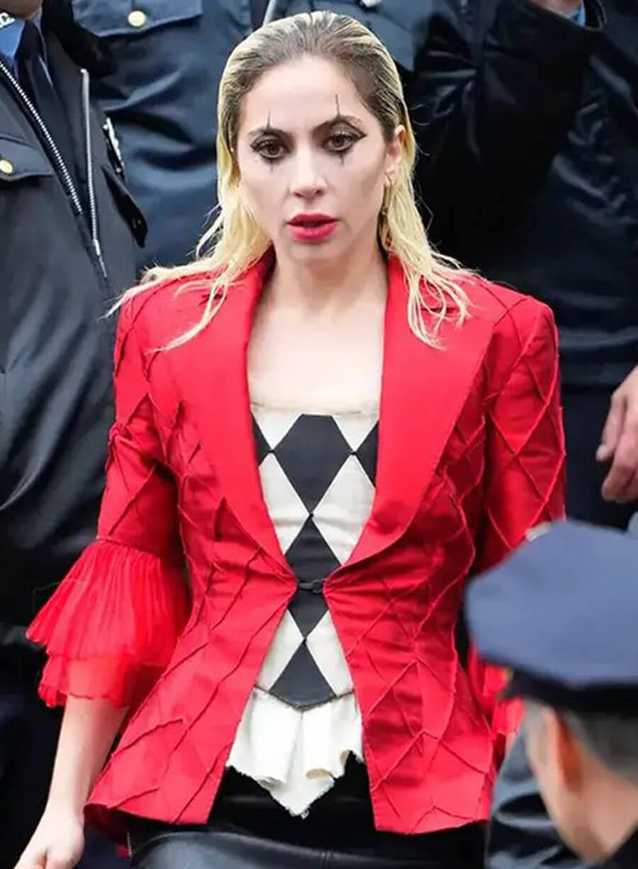 Harpoon Lee Quinzel Inspired Red Satin Leather Jacket - Joker: Folie � Deux Style