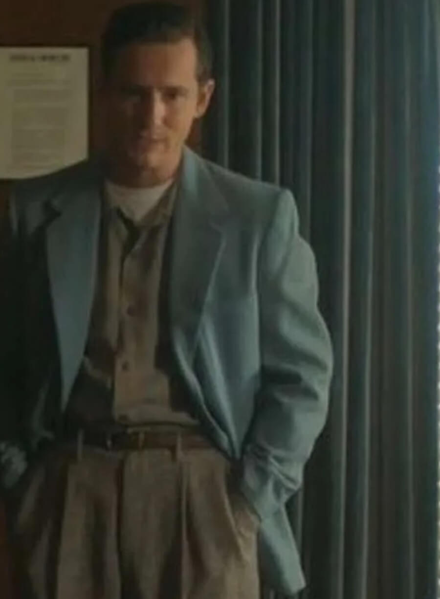 Harpoon Calvin Evans Inspired Blue Suiting Fabric Leather Jacket - Lessons in Chemistry Style