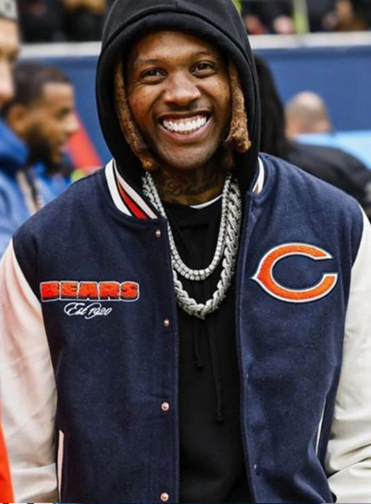 Harpoon Lil Durk Chicago Bears Inspired Blue and White Wool With Leather Sleeves Varsity Jacket