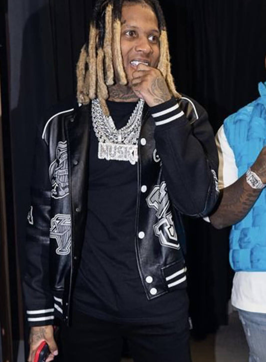 Harpoon Lil Durk Inspired Black Real Leather Varsity Jacket