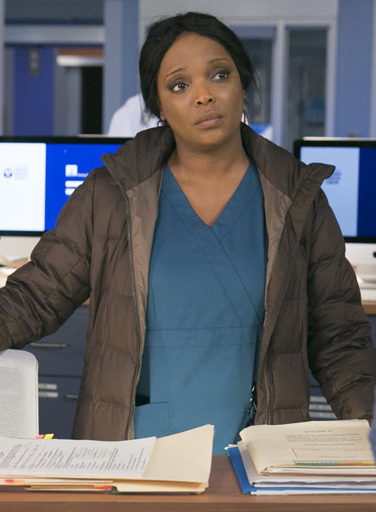Harpoon Maggie Lockwood Inspired Brown Parachute Fabric Leather Jacket - Chicago Med Style