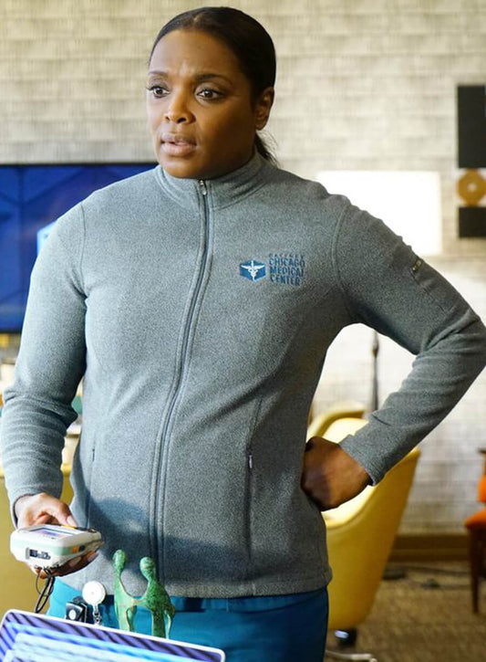 Harpoon Maggie Lockwood Inspired Grey Fleece Fabric Leather Jacket - Chicago Med Style