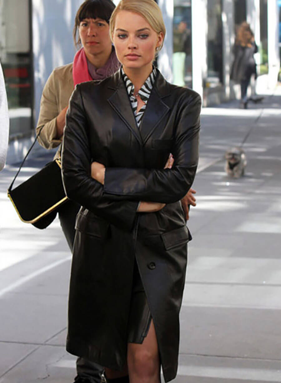 Harpoon Margot Robbie Wolf Of Wall Street Long Inspired Black Real Leather Coat