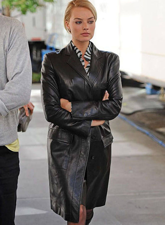 Harpoon Margot Robbie Wolf Of Wall Street Long Inspired Black Real Leather Coat