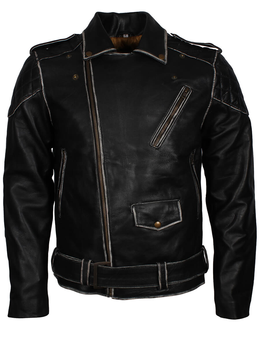 Harpoon Men Distressed Brando Motorcycle Inspired Black Biker Jacket