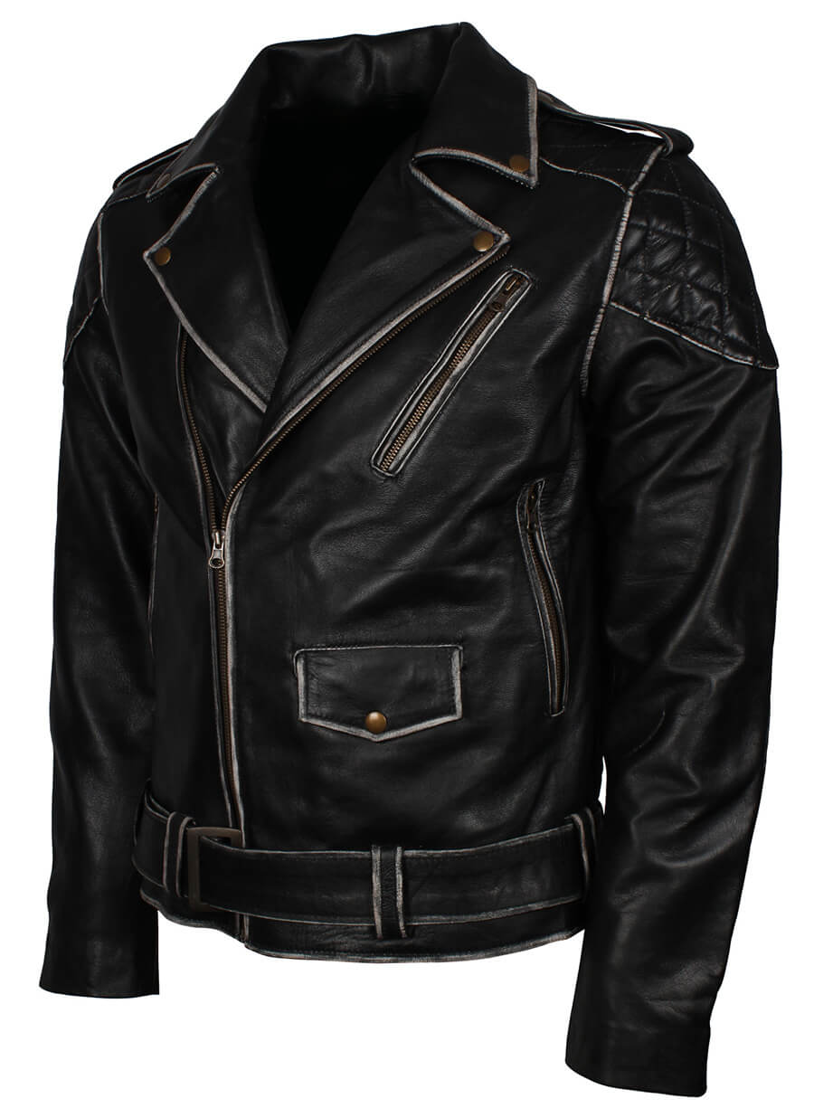 Harpoon Men Distressed Brando Motorcycle Inspired Black Biker Jacket