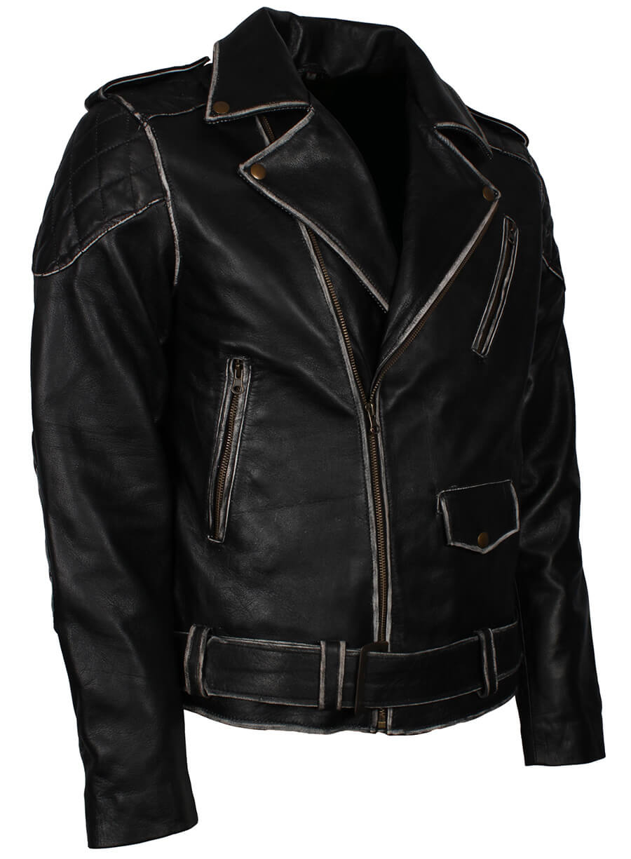 Harpoon Men Distressed Brando Motorcycle Inspired Black Biker Jacket