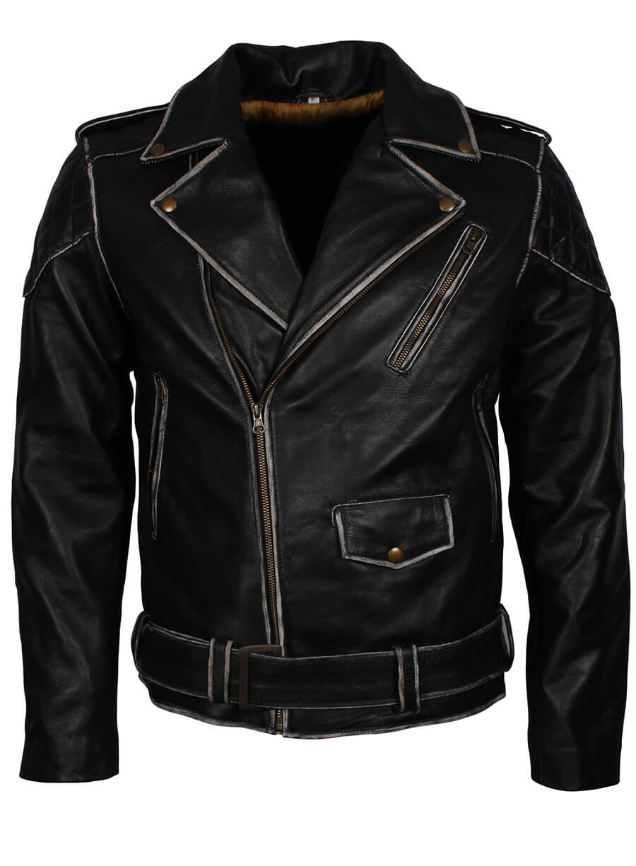 Harpoon Men Distressed Brando Motorcycle Inspired Black Biker Jacket