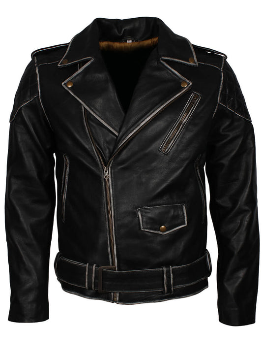 Harpoon Men Distressed Brando Motorcycle Inspired Black Biker Jacket