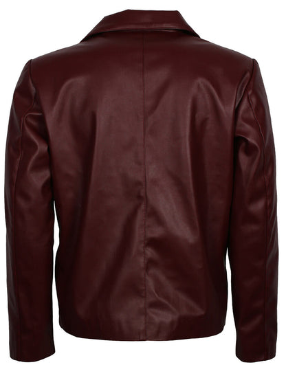 Men Maroon Buttoned Leather Jacket