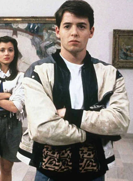 Harpoon Ferris Bueller Inspired White & Black Real Leather/ Faux Leather Leather Jacket - Ferris Bueller's Day Off 1986 Style