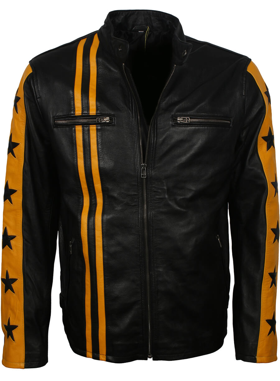 Harpoon Men Yellow Striped Star Inspired Black Real Leather Leather Jacket