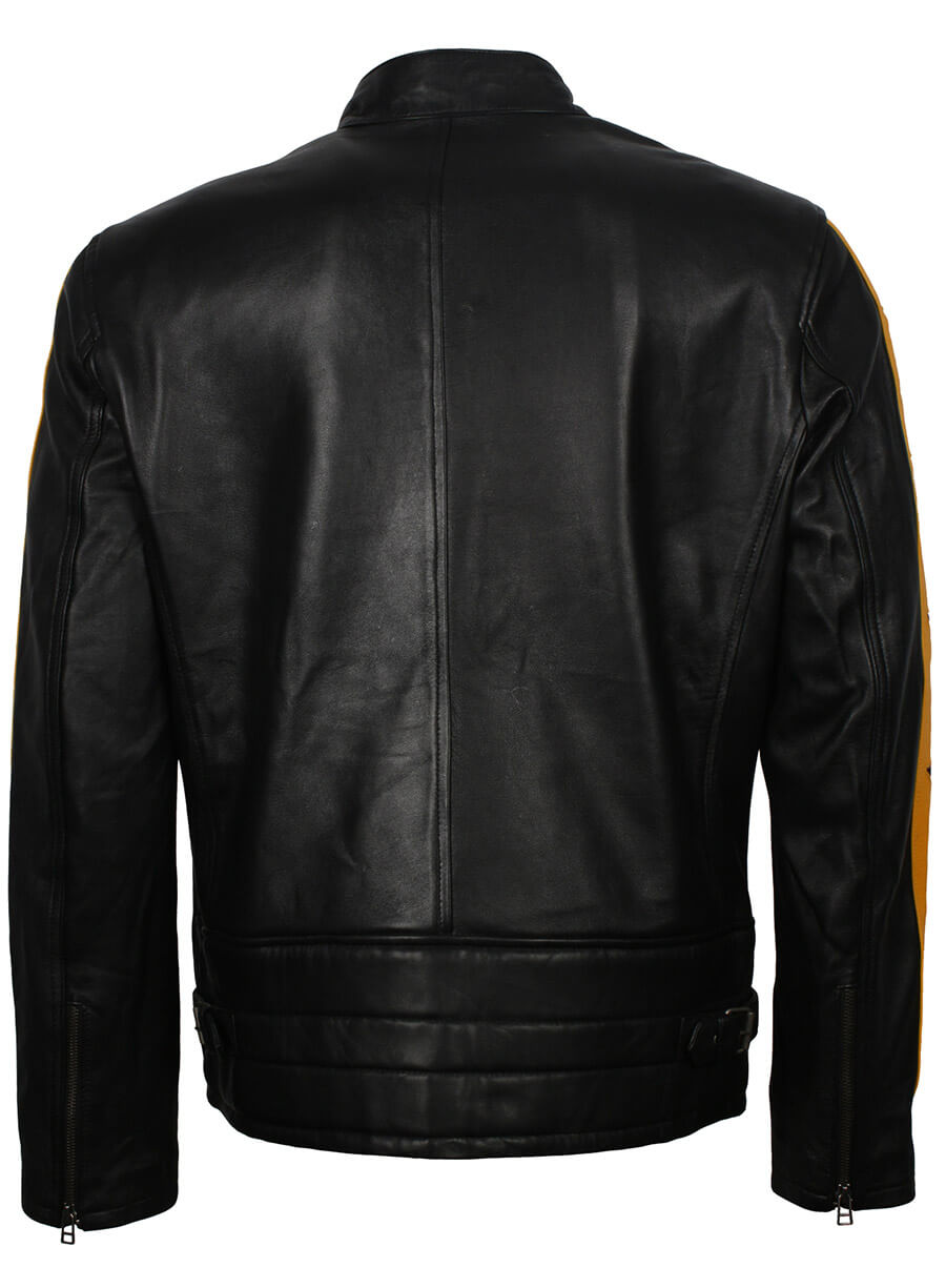 Harpoon Men Yellow Striped Star Inspired Black Real Leather Leather Jacket