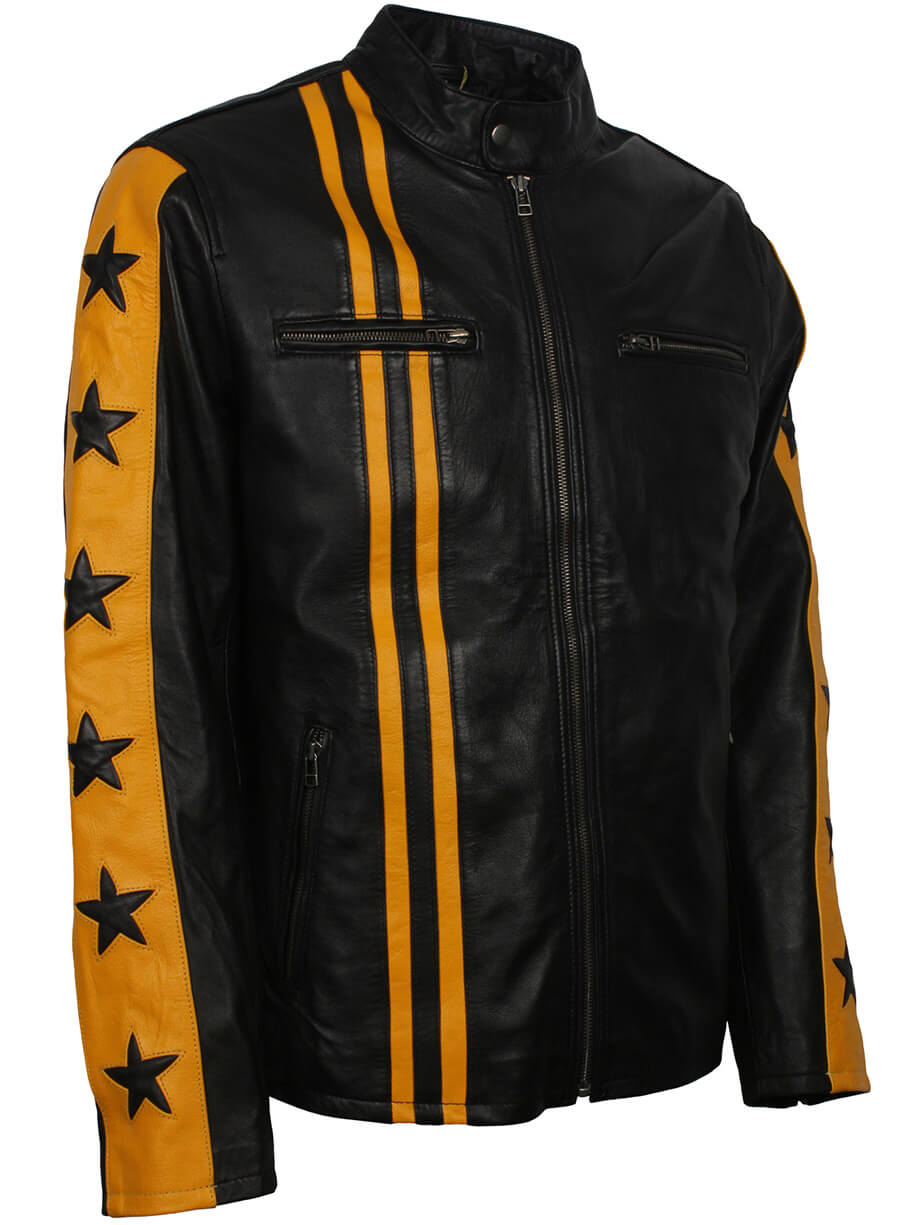 Harpoon Men Yellow Striped Star Inspired Black Real Leather Leather Jacket