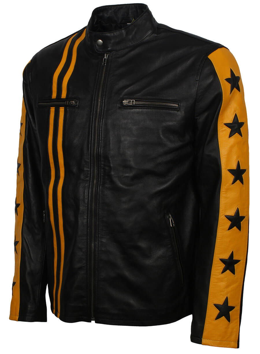 Harpoon Men Yellow Striped Star Inspired Black Real Leather Leather Jacket