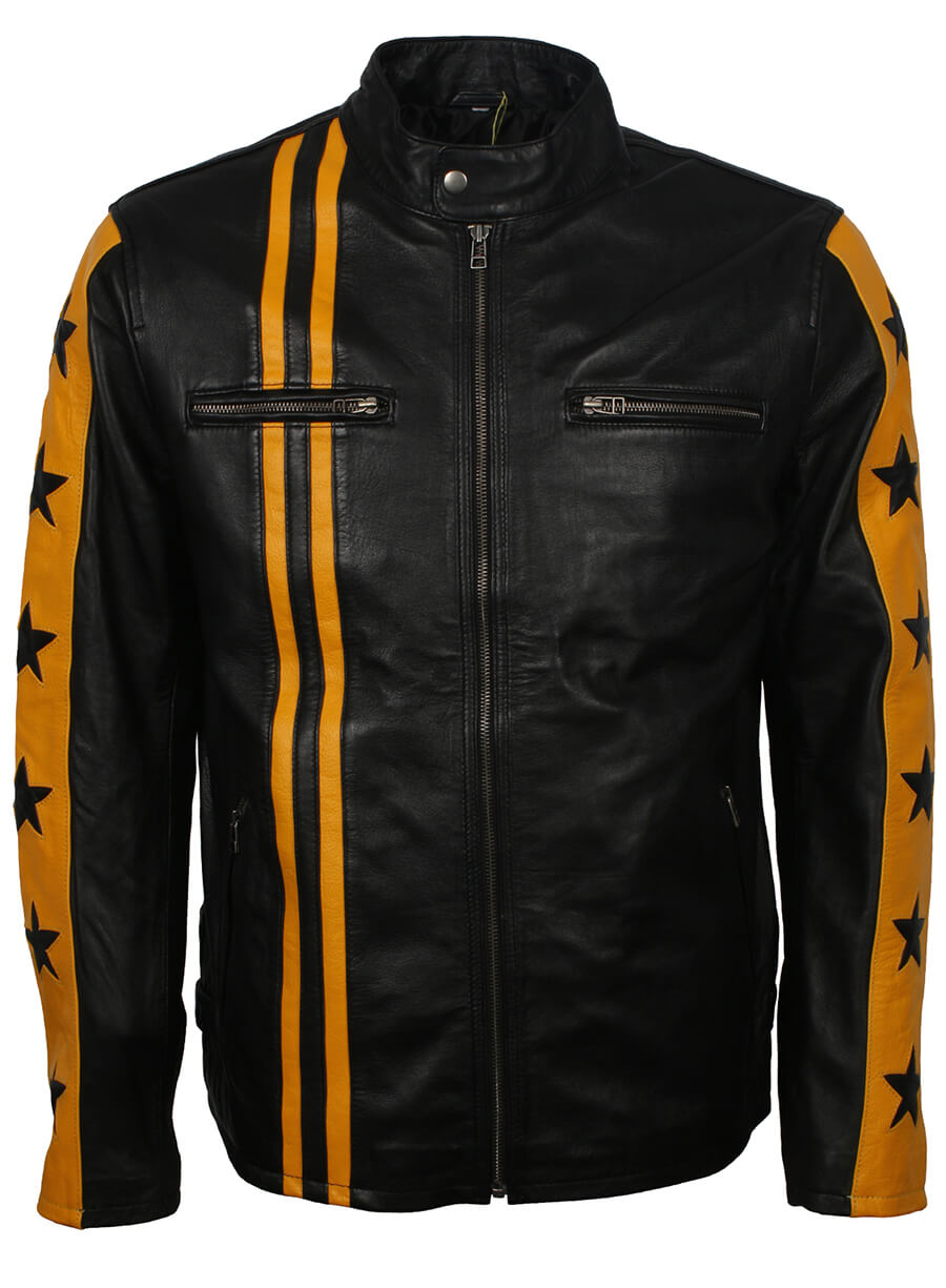 Harpoon Men Yellow Striped Star Inspired Black Real Leather Leather Jacket