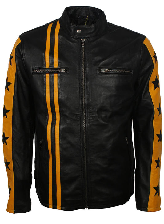 Harpoon Men Yellow Striped Star Inspired Black Real Leather Leather Jacket