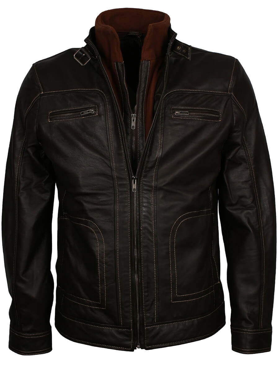 Harpoon Men's Erect Belted Collar Inspired Black Genuine Leather Leather Jacket
