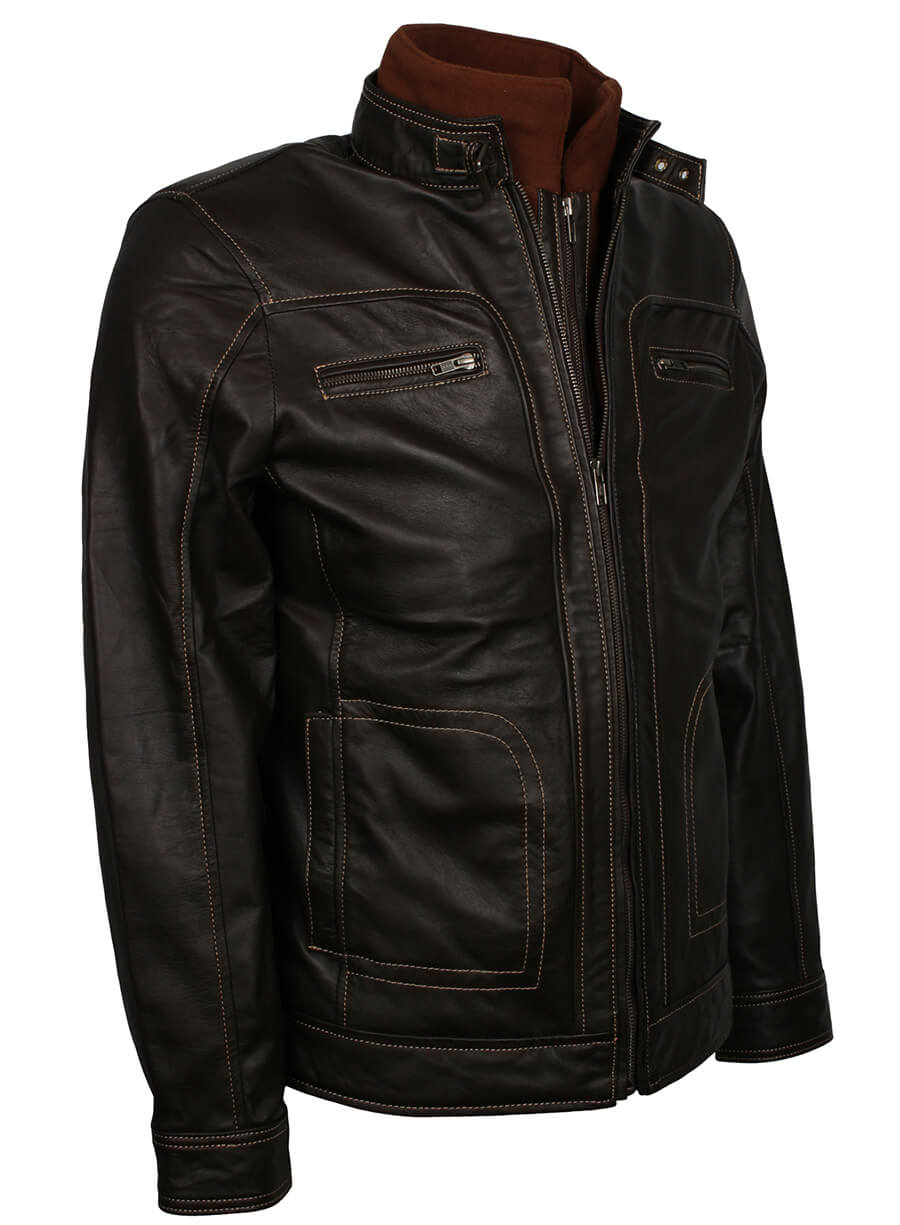 Harpoon Men's Erect Belted Collar Inspired Black Genuine Leather Leather Jacket