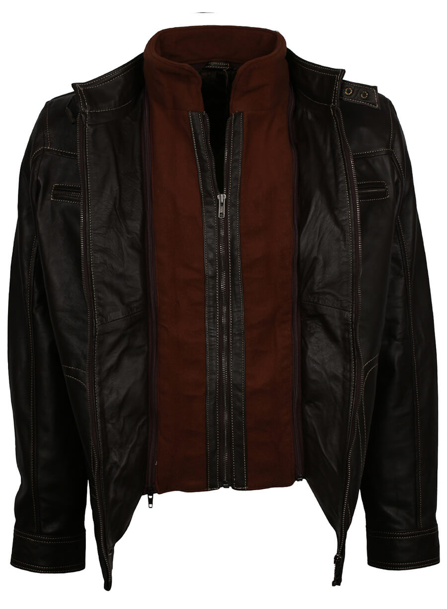 Harpoon Men's Erect Belted Collar Inspired Black Genuine Leather Leather Jacket