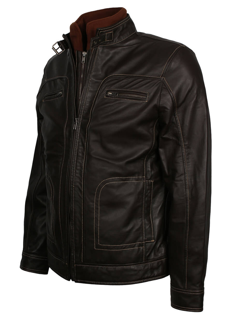 Harpoon Men's Erect Belted Collar Inspired Black Genuine Leather Leather Jacket