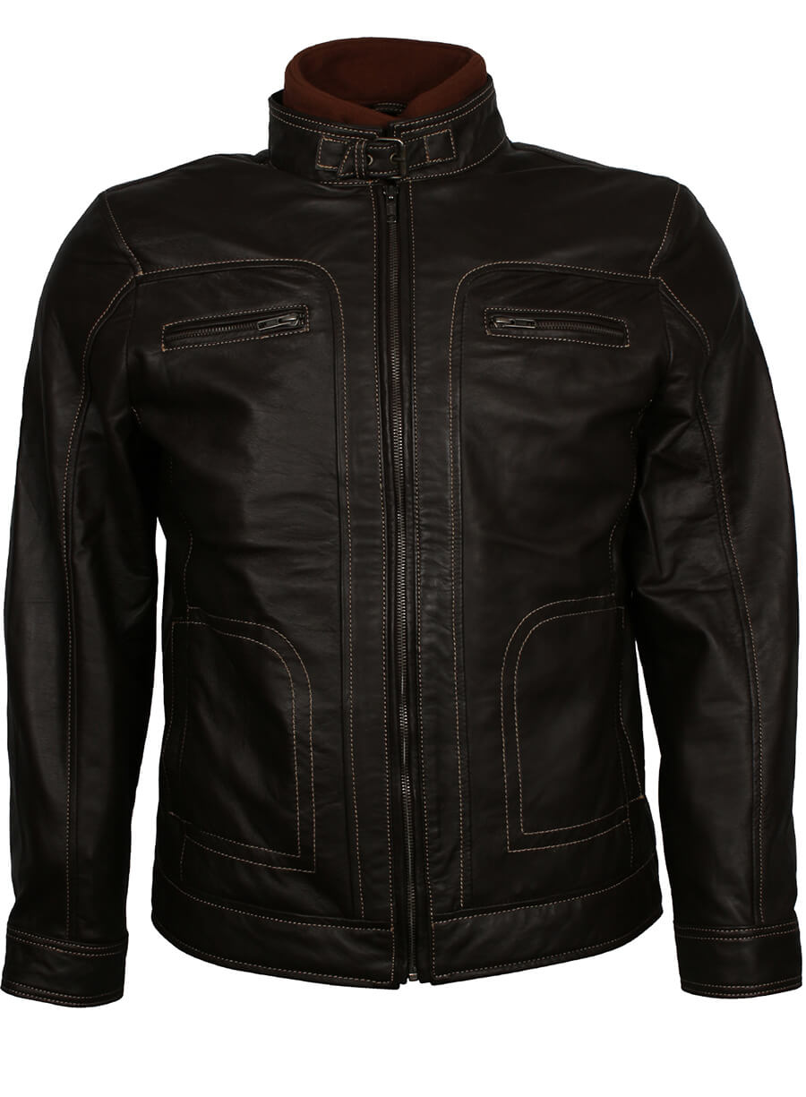 Harpoon Men's Erect Belted Collar Inspired Black Genuine Leather Leather Jacket