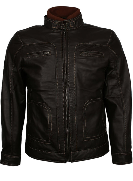Harpoon Men's Erect Belted Collar Inspired Black Genuine Leather Leather Jacket