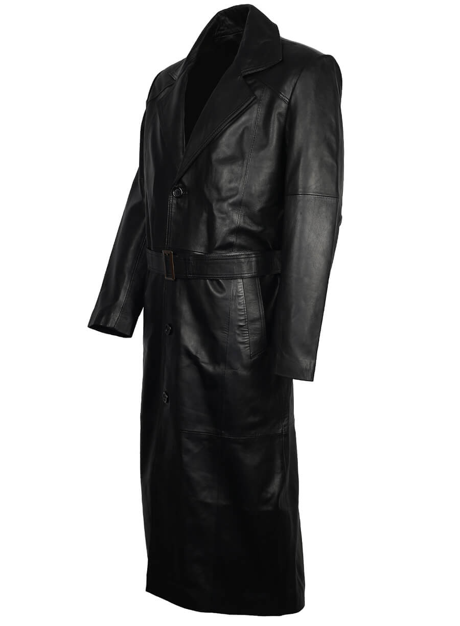 Harpoon Men's Trench Long Inspired Black Real Leather Coat