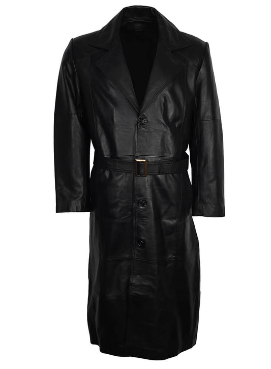 Harpoon Men's Trench Long Inspired Black Real Leather Coat