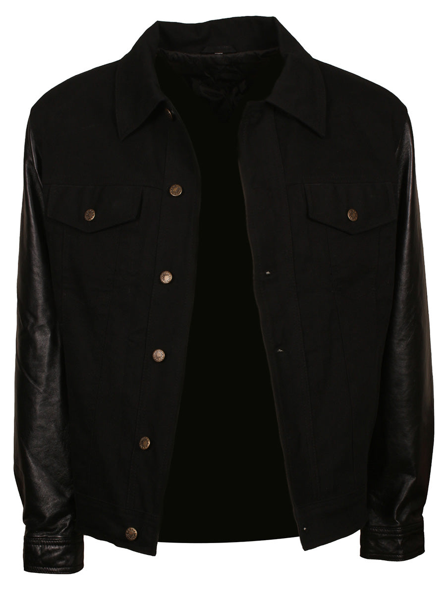 Harpoon Men's Inspired Black Denim with Leather Sleeves Varsity Jacket