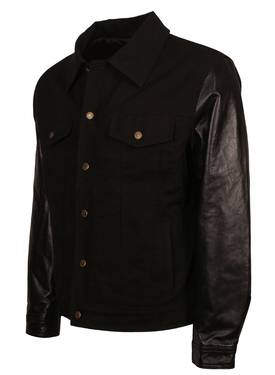 Harpoon Men's Inspired Black Denim with Leather Sleeves Varsity Jacket