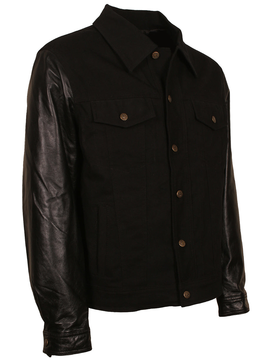 Harpoon Men's Inspired Black Denim with Leather Sleeves Varsity Jacket
