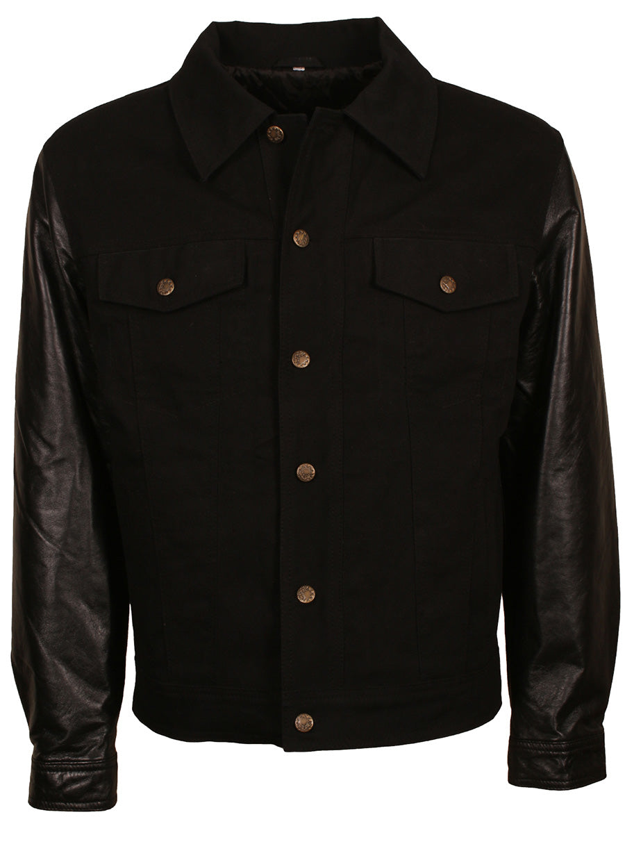 Harpoon Men's Inspired Black Denim with Leather Sleeves Varsity Jacket